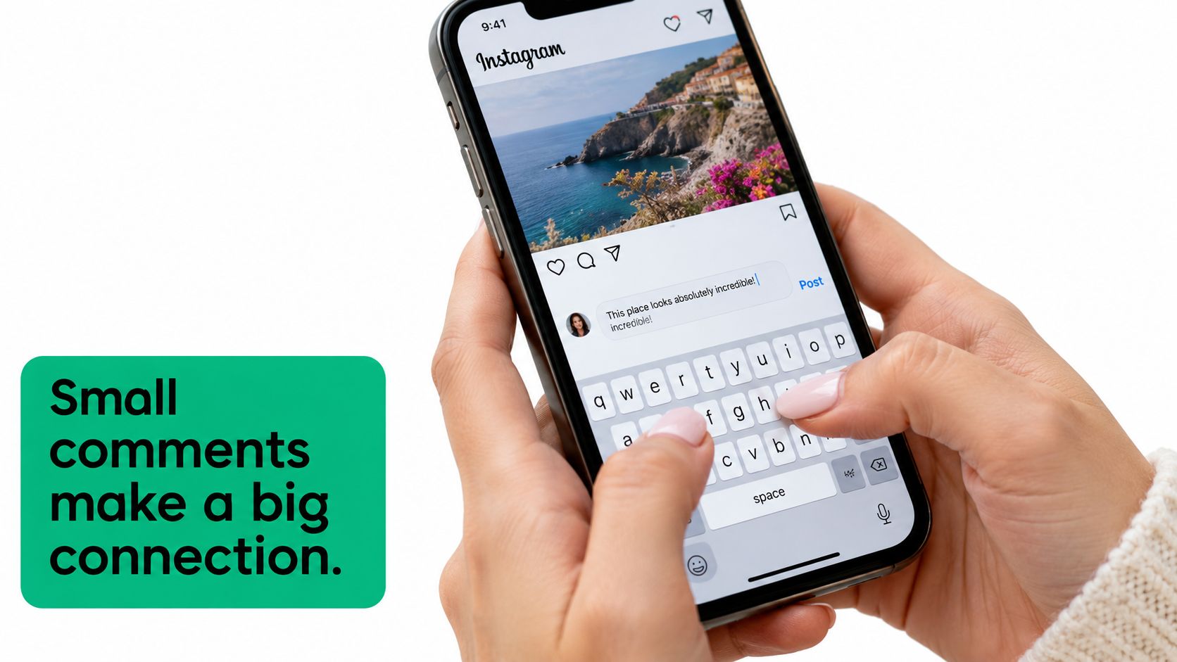 A person holding a smartphone while typing a social media comment on an Instagram post.