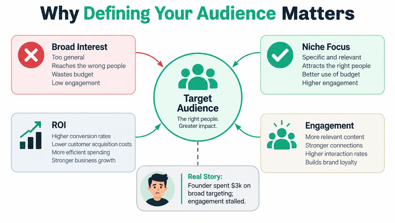 A diagram explaining why defining a target audience is crucial for marketing effectiveness, growth, and brand engagement.