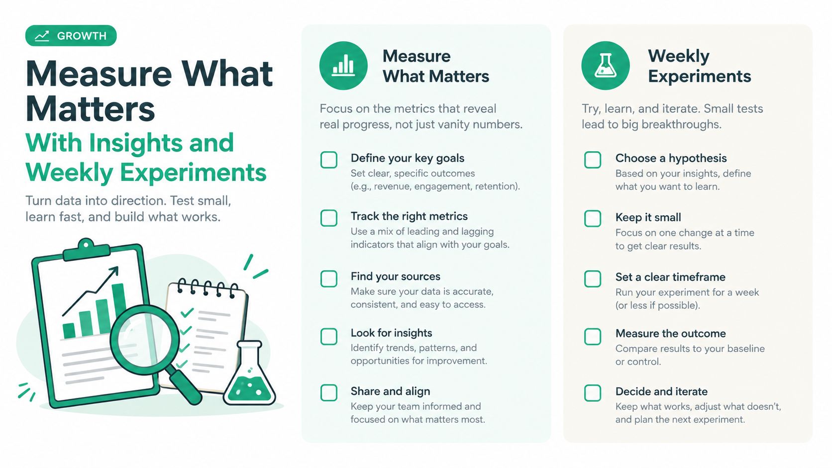 A visual guide for measuring growth with insights and conducting weekly experiments to improve business performance.