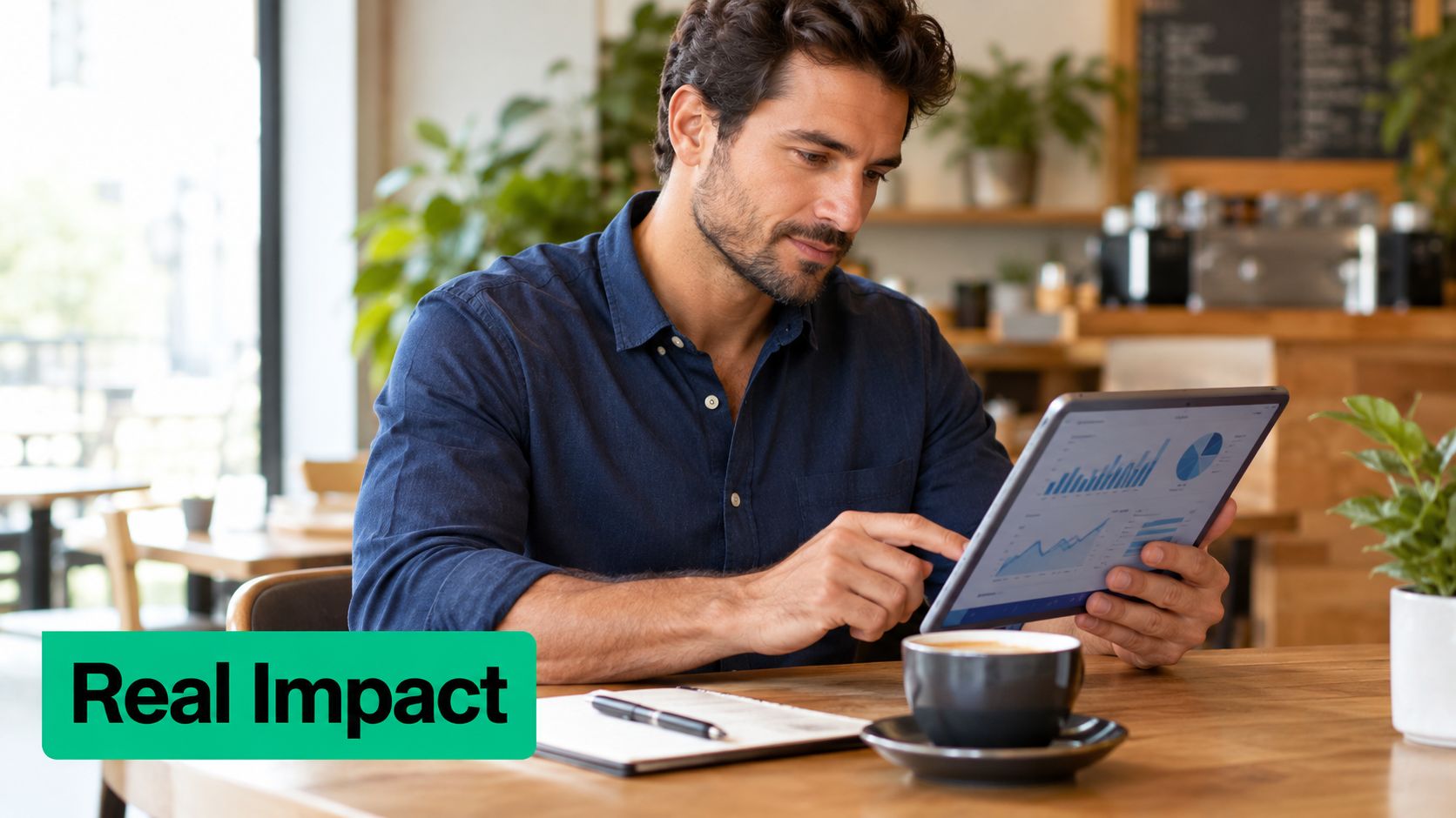 A professional man sitting in a cafe, analyzing business charts and data on his tablet device.