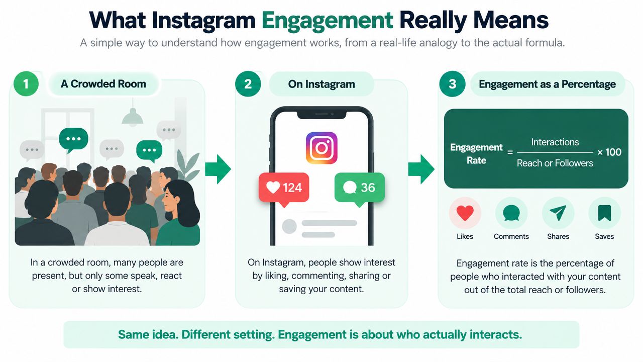A diagram explaining Instagram engagement using a crowded room analogy, showing interaction metrics and a calculation formula.