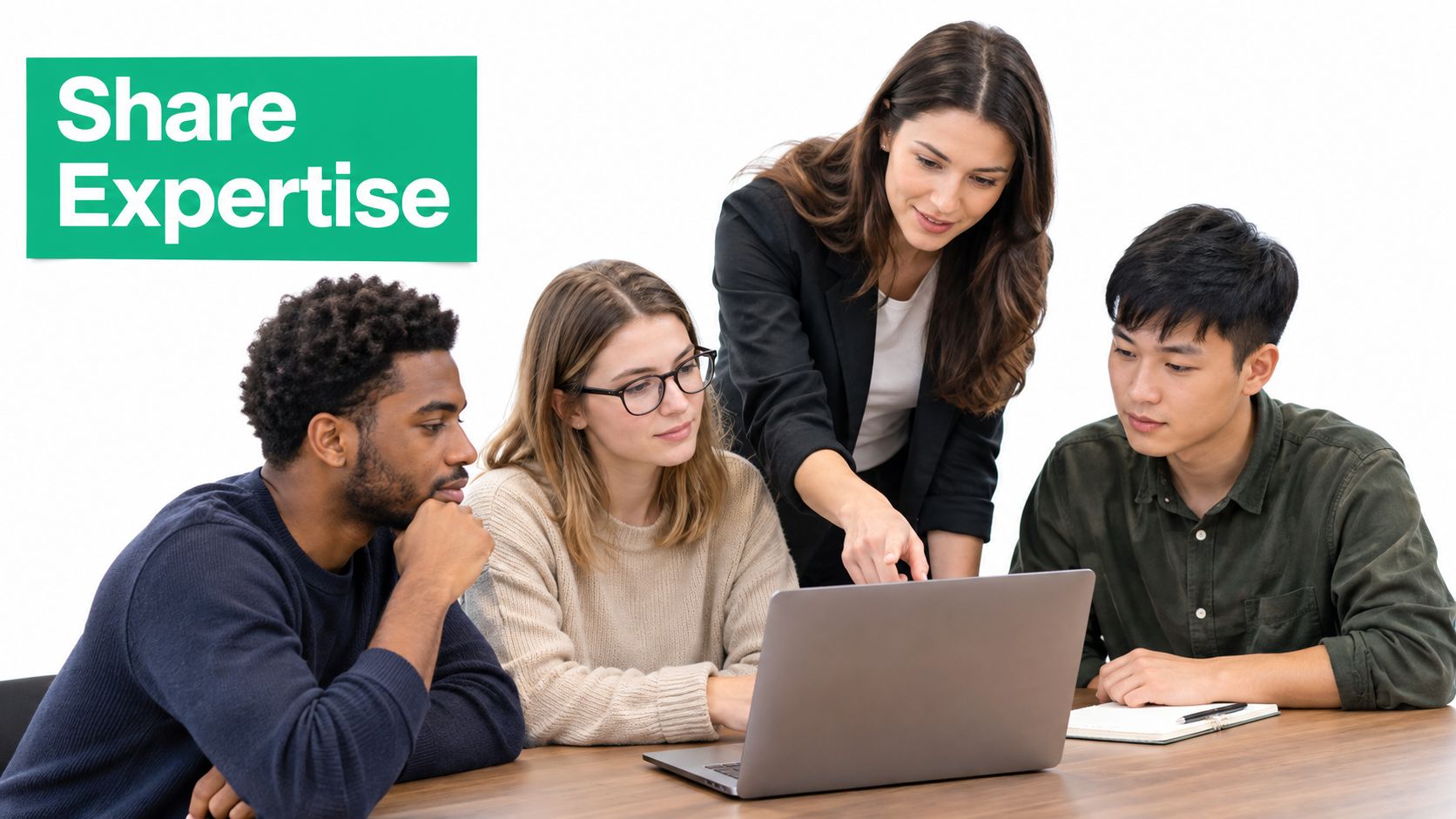 A diverse group of four young professionals collaborating together around a laptop while sharing their business expertise.