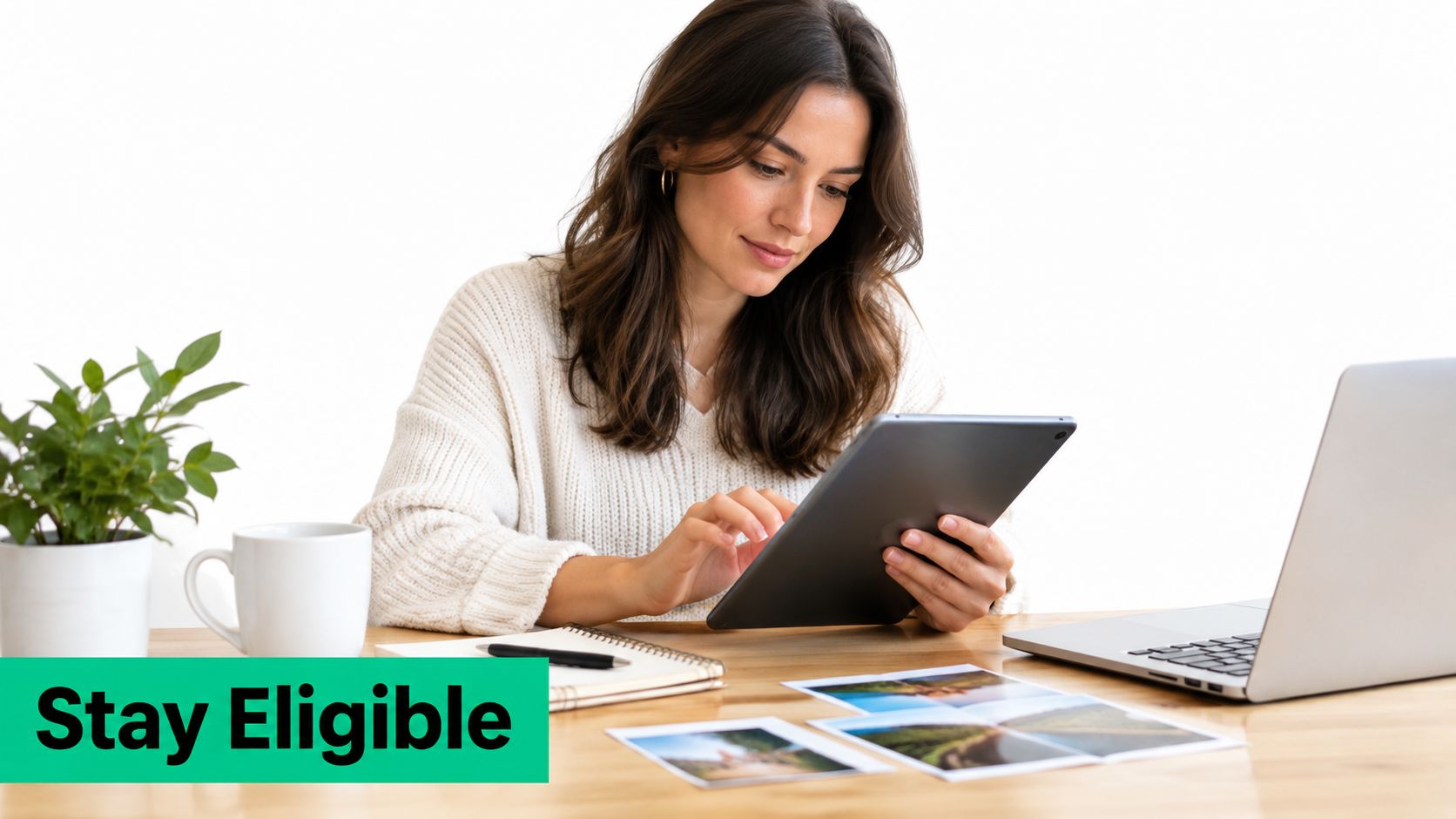 A young woman sitting at a desk while using a tablet with photographs and a laptop nearby.