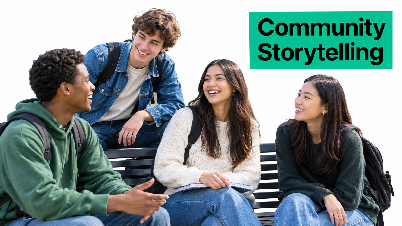 A group of four diverse students sitting on a bench while smiling and talking to each other.