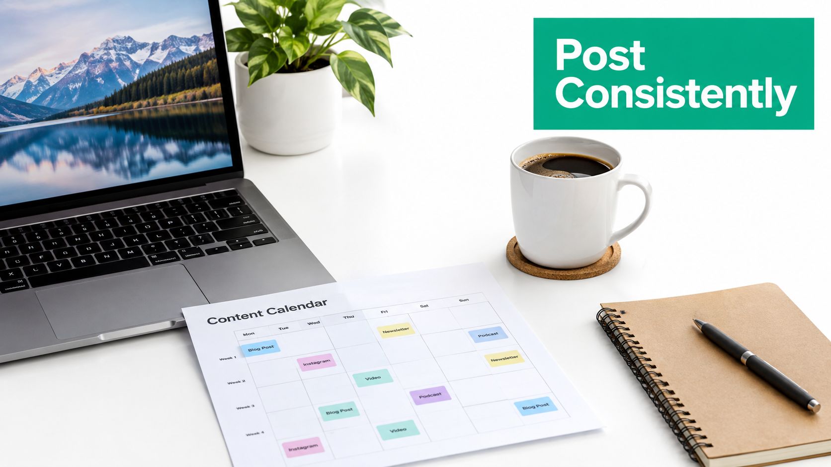 A clean workspace featuring a laptop, a content calendar, a plant, and a coffee cup on a desk.