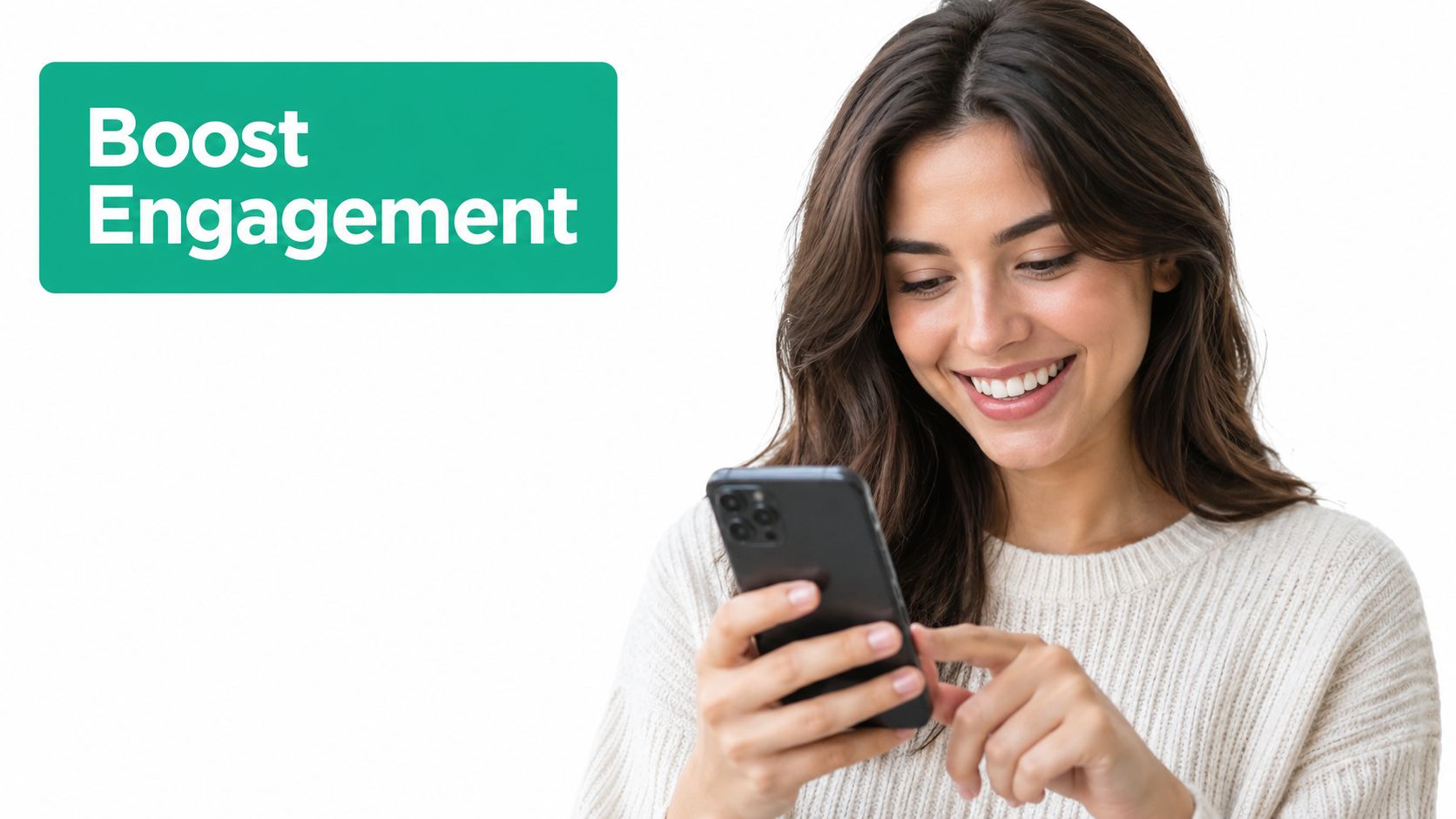 A smiling young woman using her smartphone to increase interaction on her social media story.