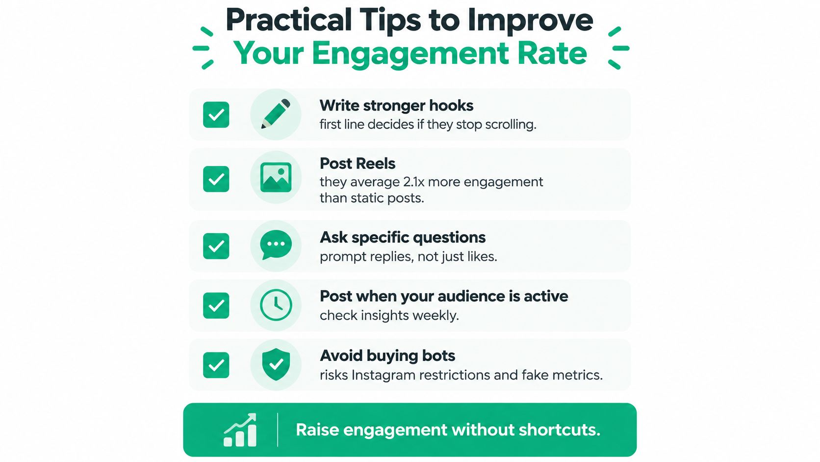 A checklist infographic titled Practical Tips to Improve Your Engagement Rate on social media platforms.