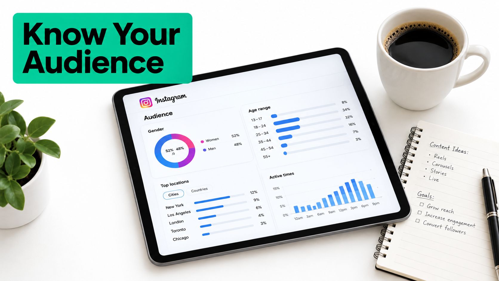 A digital tablet displaying Instagram audience analytics charts alongside a coffee cup and a notepad.