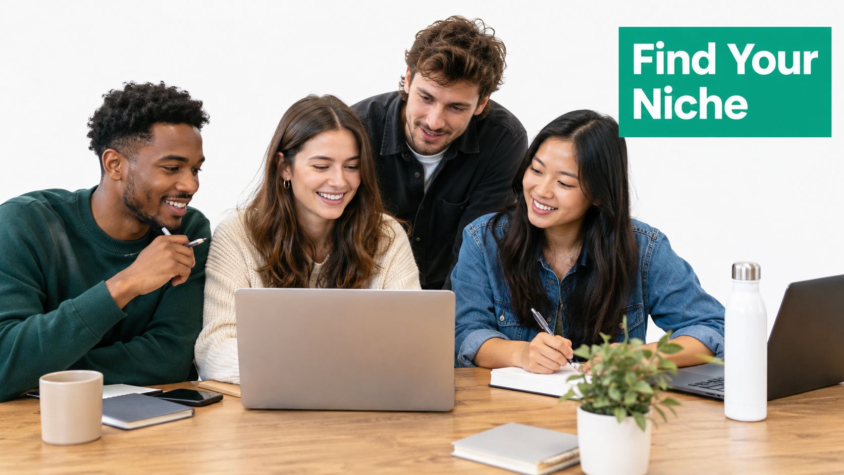 A diverse group of four students collaborating around a wooden table while looking at a laptop computer.