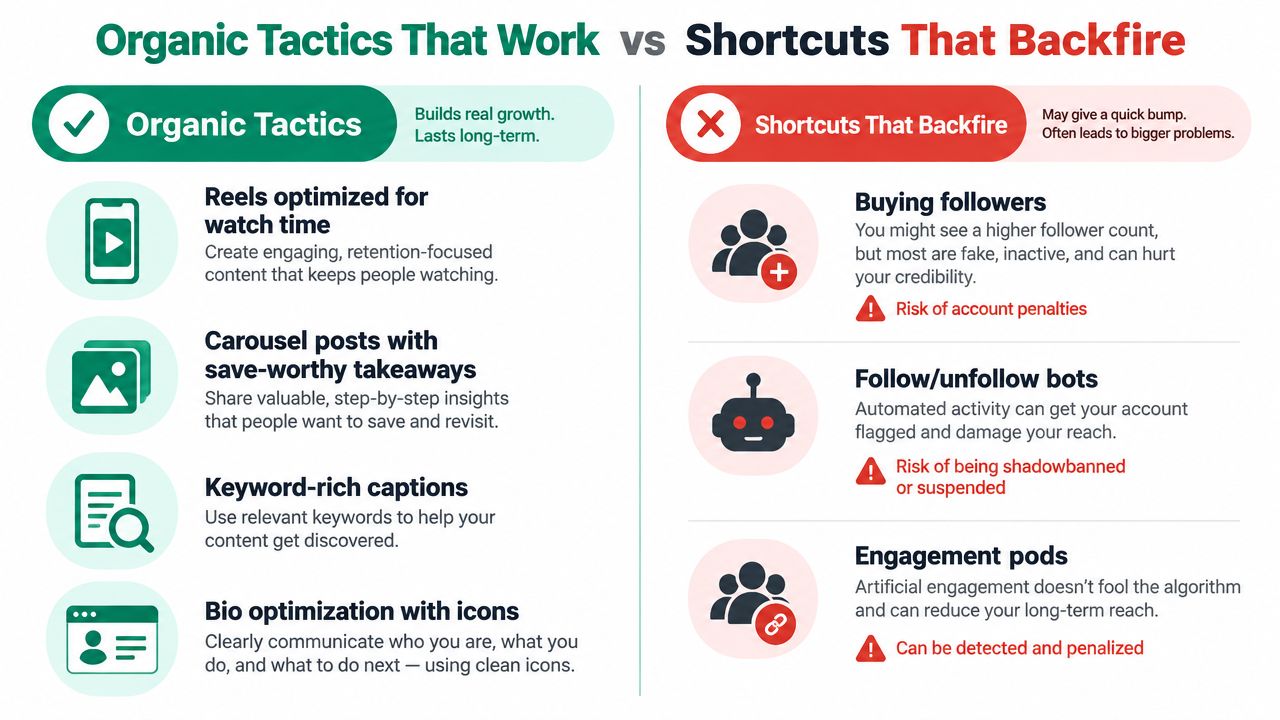 A comparison infographic showing effective organic social media strategies versus harmful shortcuts that can backfire.