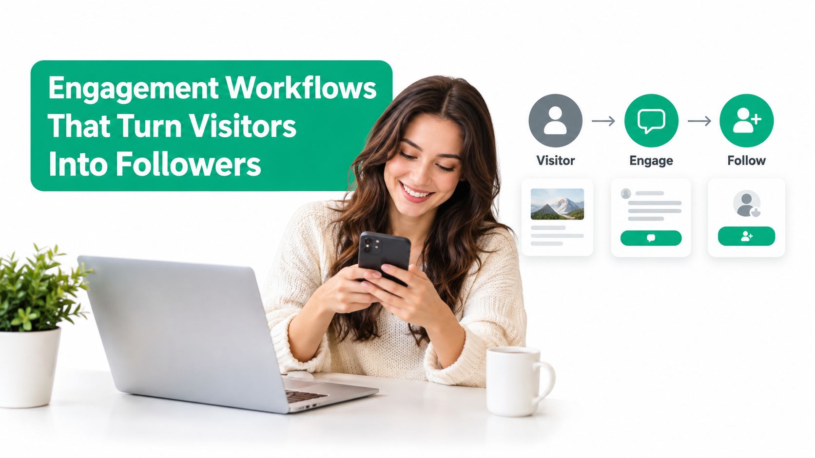 A woman smiling while looking at her smartphone with an infographic showing visitor engagement workflow steps.