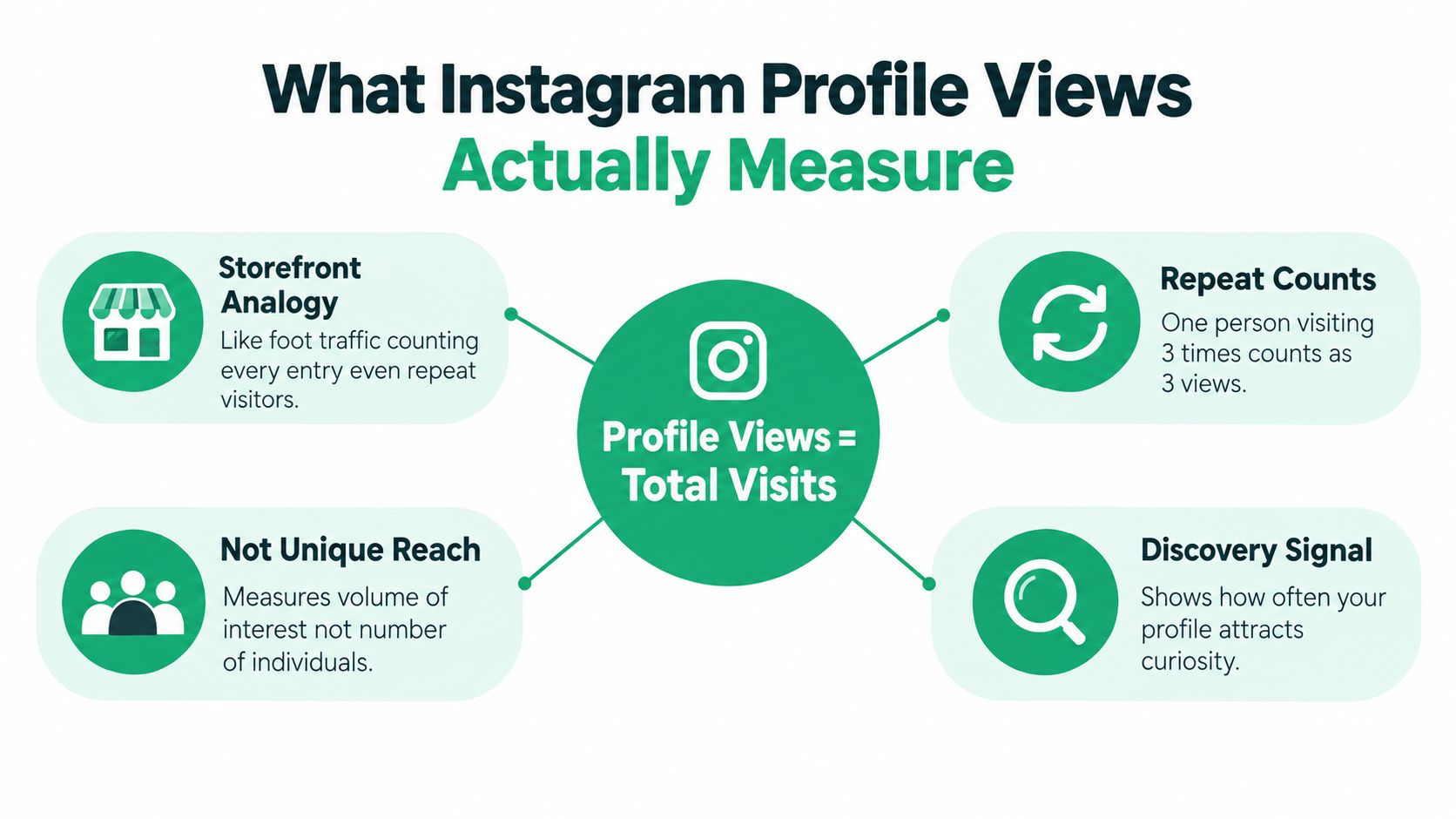 An infographic explaining that Instagram profile views represent total visits, counting repeat visitors and general curiosity.