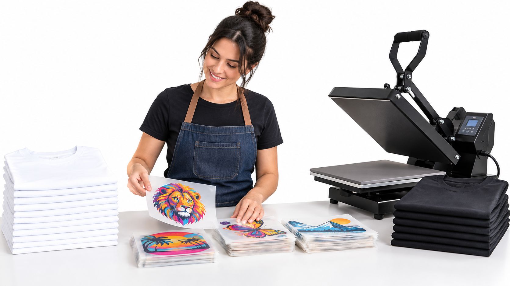 A woman working in a printing studio preparing colorful lion transfer designs for a heat press machine.