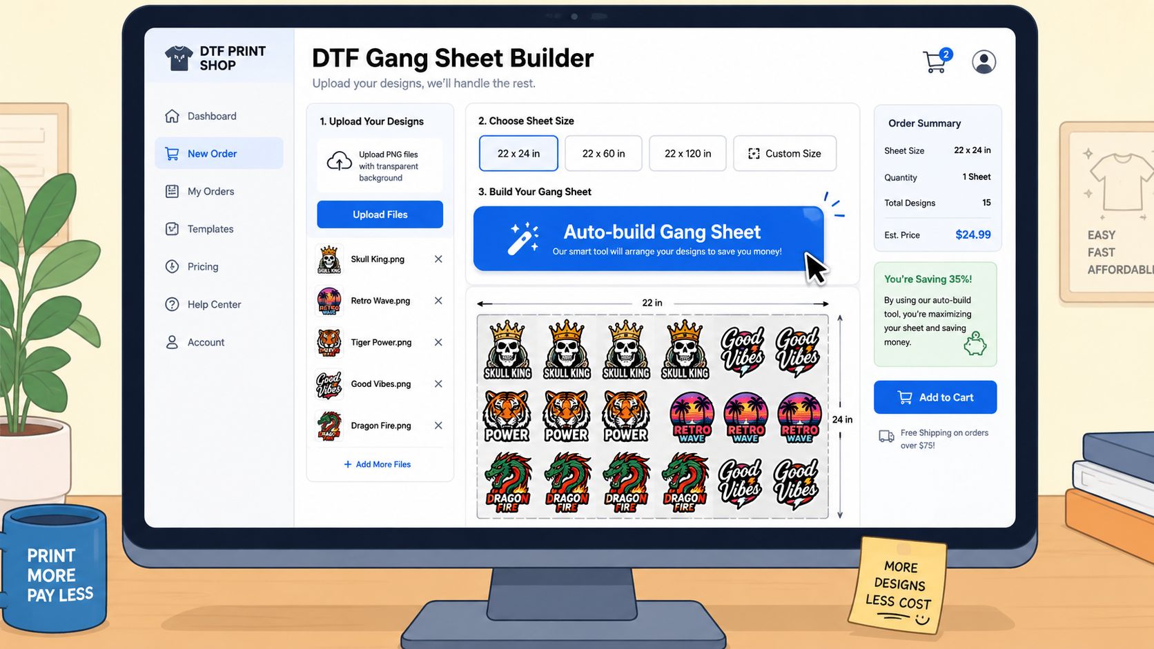 A computer screen displaying an online DTF gang sheet builder tool with various custom design print layouts.