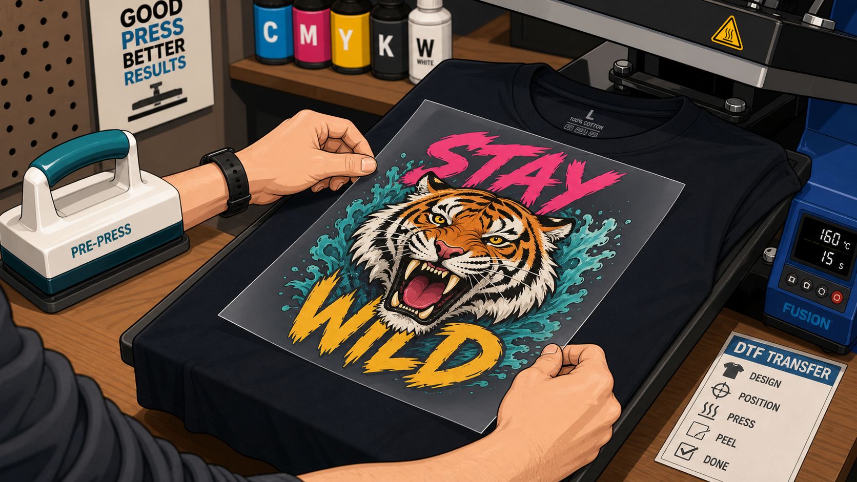 A person carefully aligning a tiger-themed DTF heat transfer print onto a black cotton t-shirt for printing.