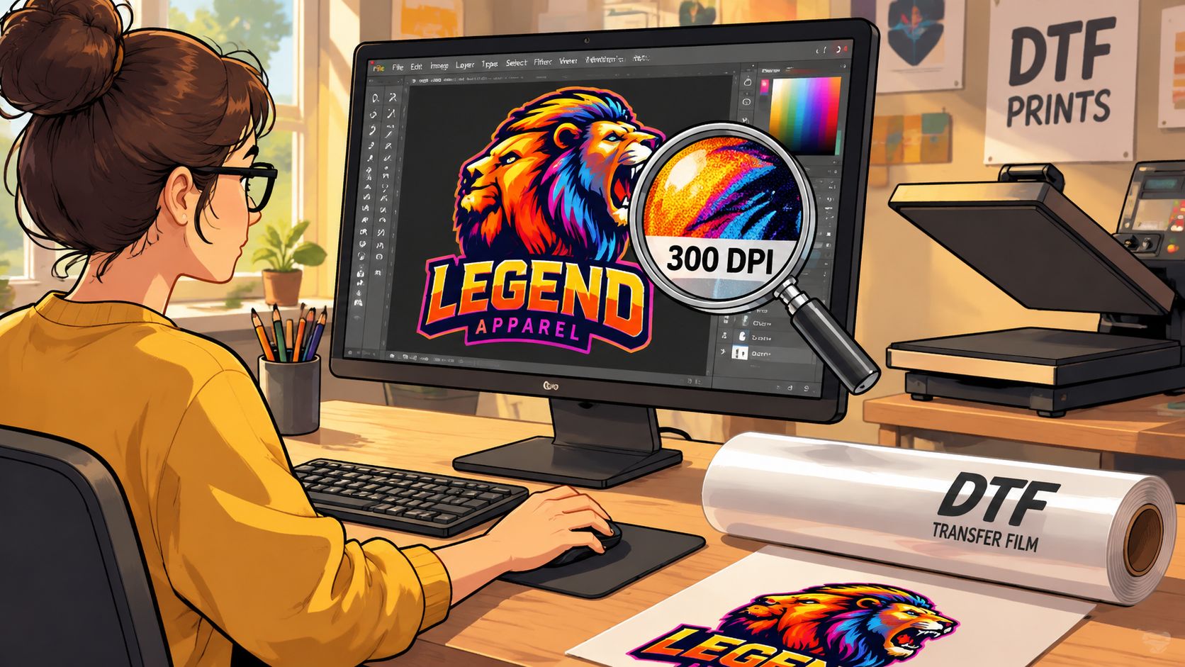 A digital designer working on a lion logo design for high-quality DTF heat transfers on a computer screen.