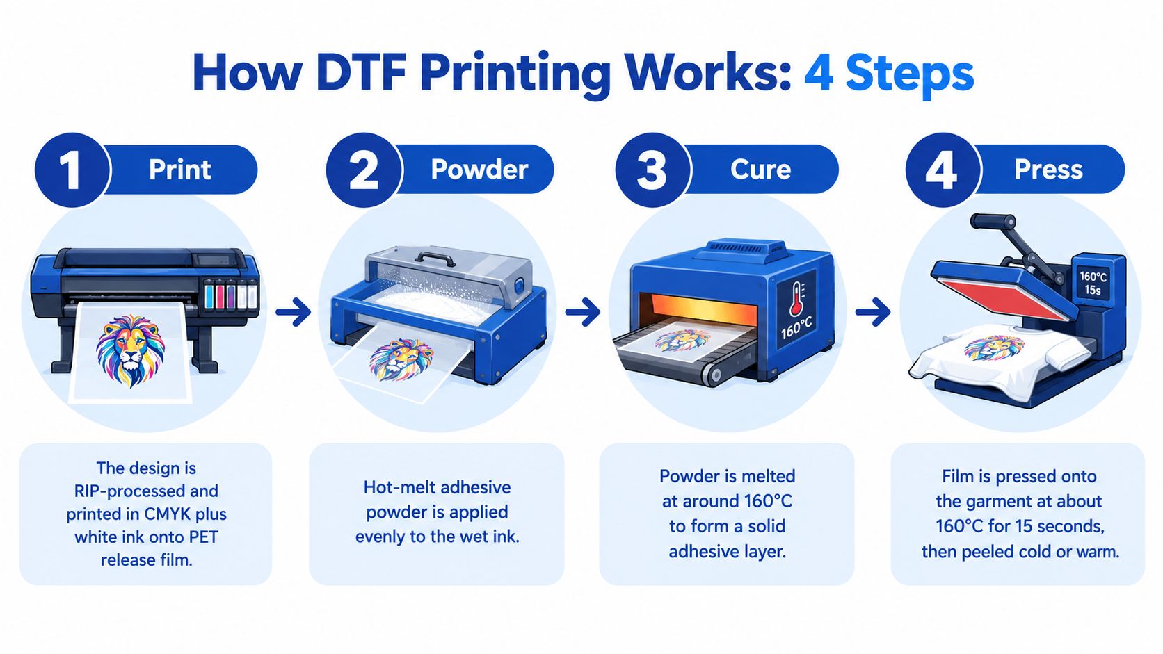 An infographic showing the four-step process for DTF printing, including printing, powdering, curing, and heat pressing.