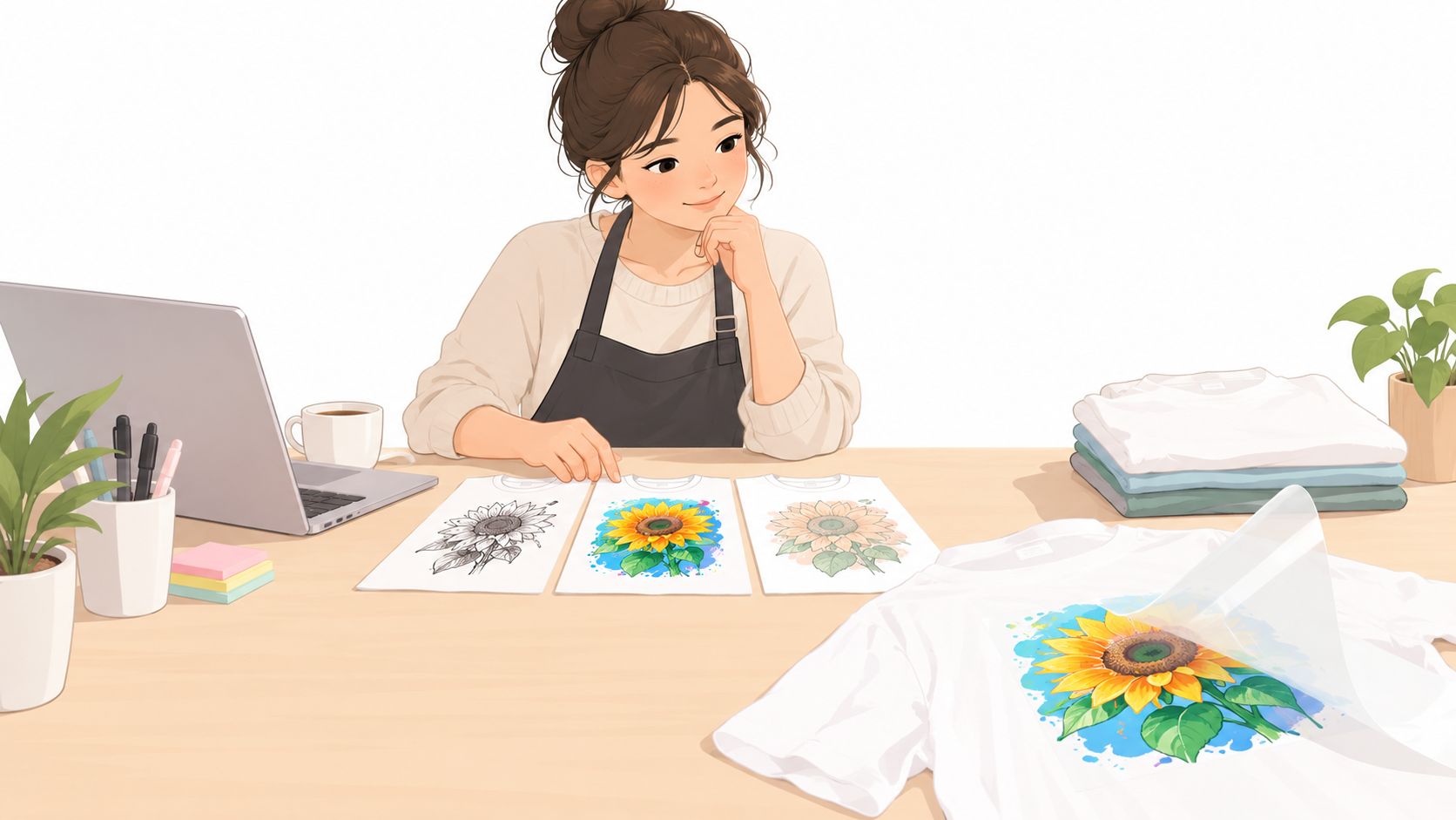 A woman artist wearing an apron sits at a desk with sunflower t-shirt designs and dtf prints.