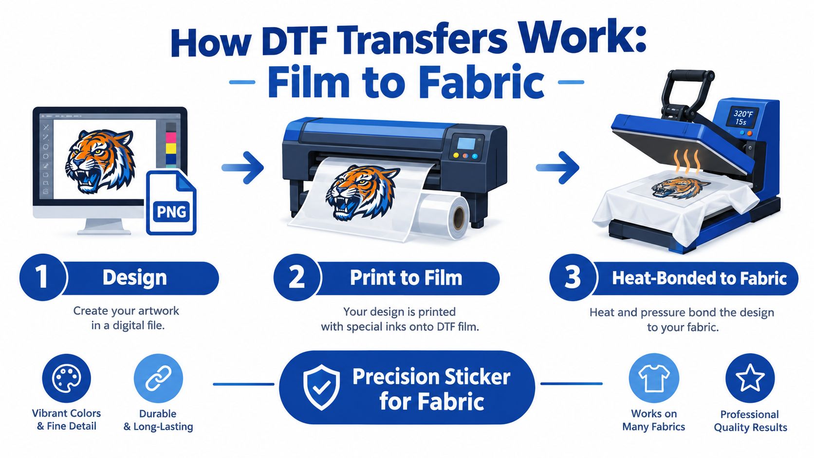 A step-by-step infographic showing the DTF transfer printing process from digital design to fabric application.