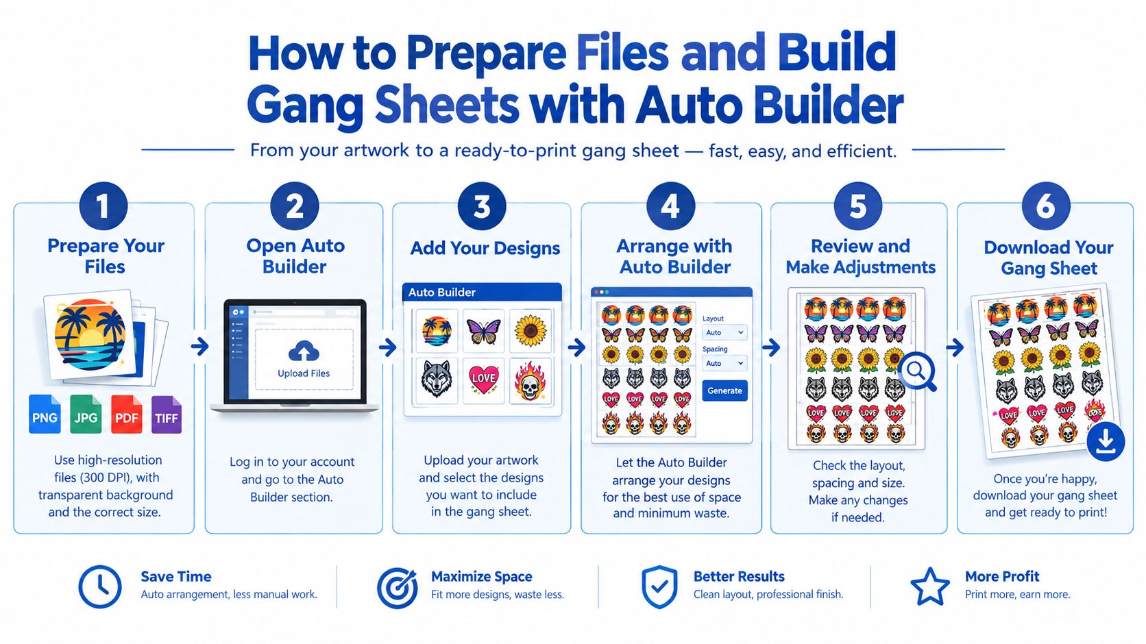 A step-by-step infographic illustrating how to use an Auto Builder tool to create DTF gang sheets.