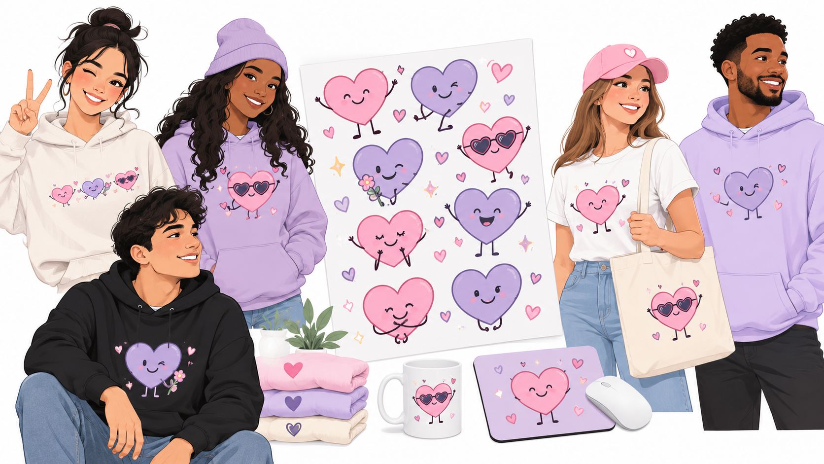 A diverse group of people showcasing apparel and accessories featuring cute, colorful heart-themed DTF transfers and designs.