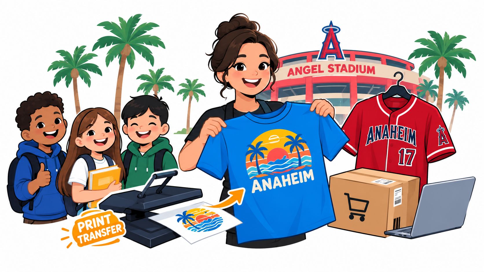 A woman holding a custom Anaheim blue t-shirt next to a heat press, children, and stadium merchandise.