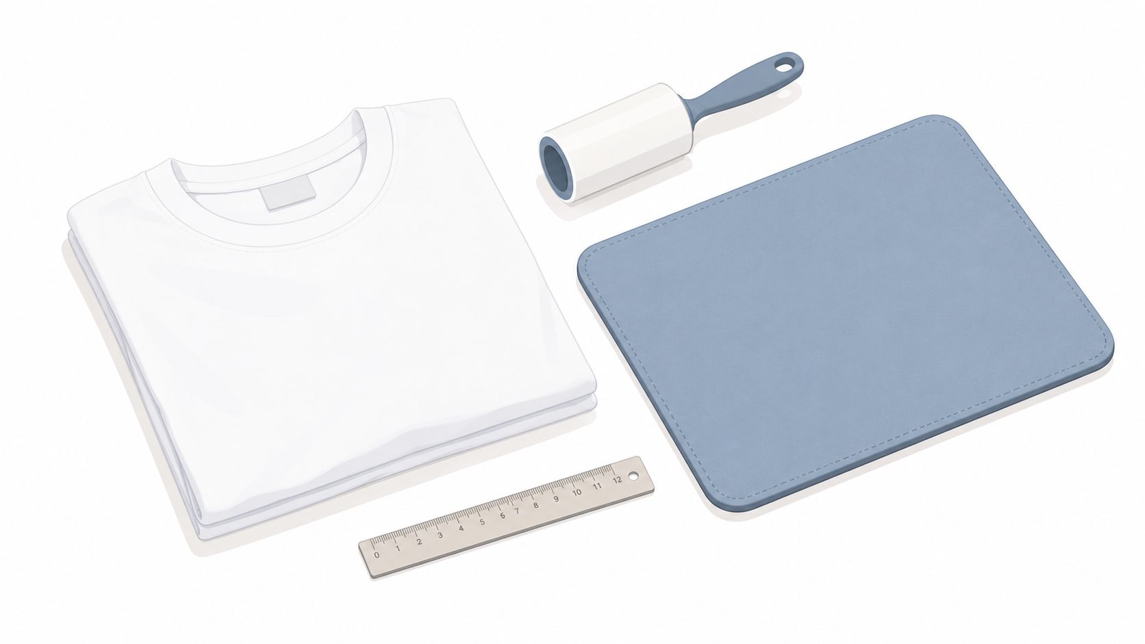 A white t-shirt, lint roller, blue mousepad, and a ruler arranged on a clean white surface.