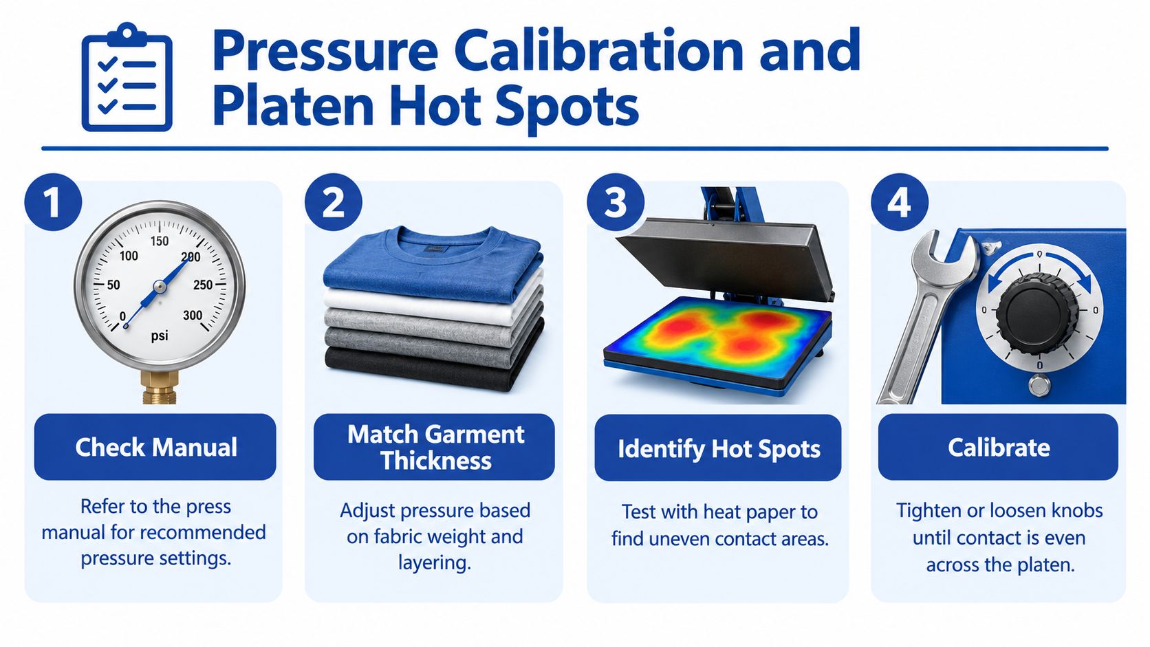 A step-by-step instructional infographic explaining how to perform pressure calibration and identify platen hot spots for heat presses.