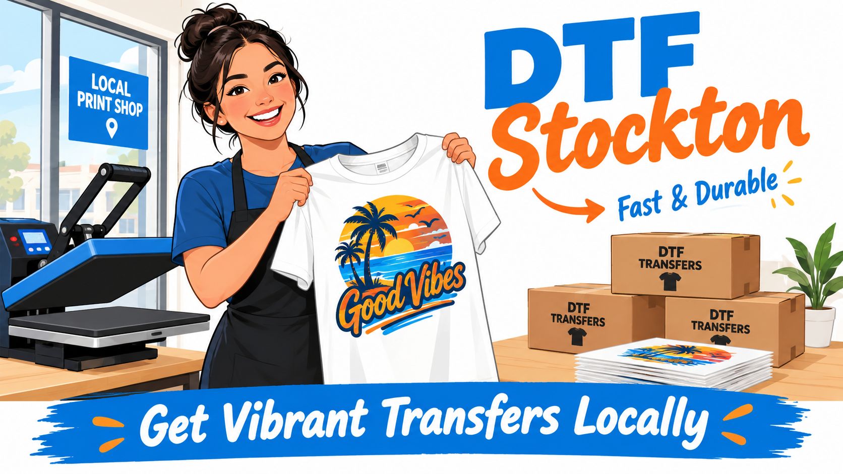 A friendly worker in a print shop holds up a custom t-shirt featuring a beach design.