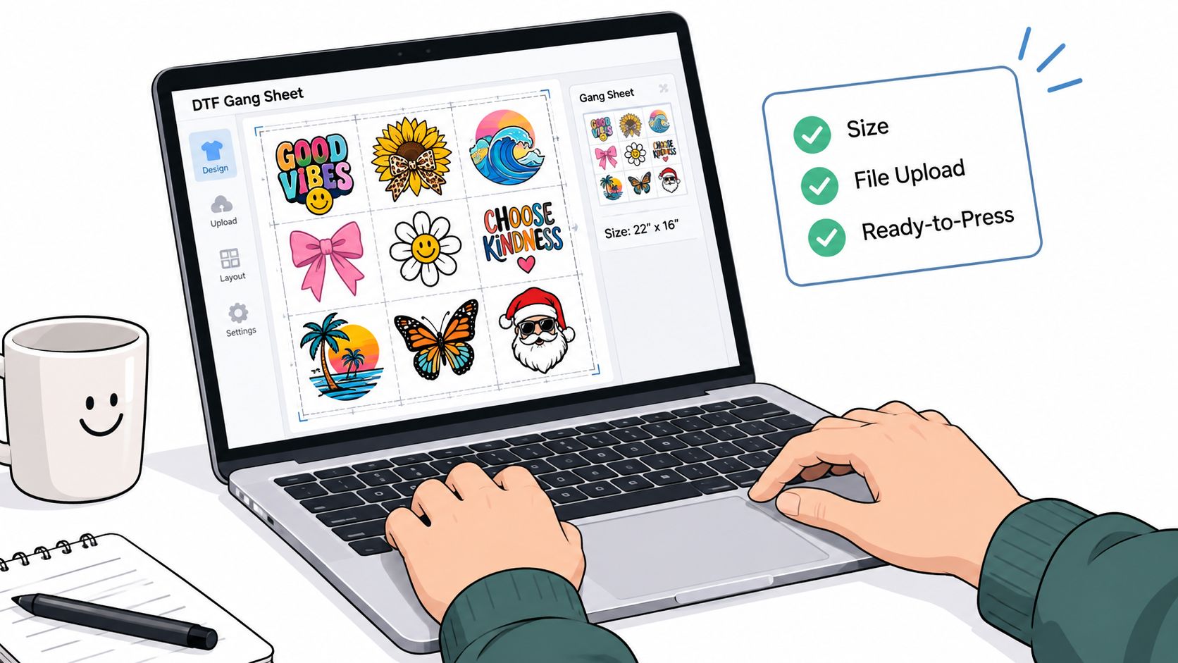 A person designing a DTF gang sheet on a laptop computer with various colorful sticker graphics.