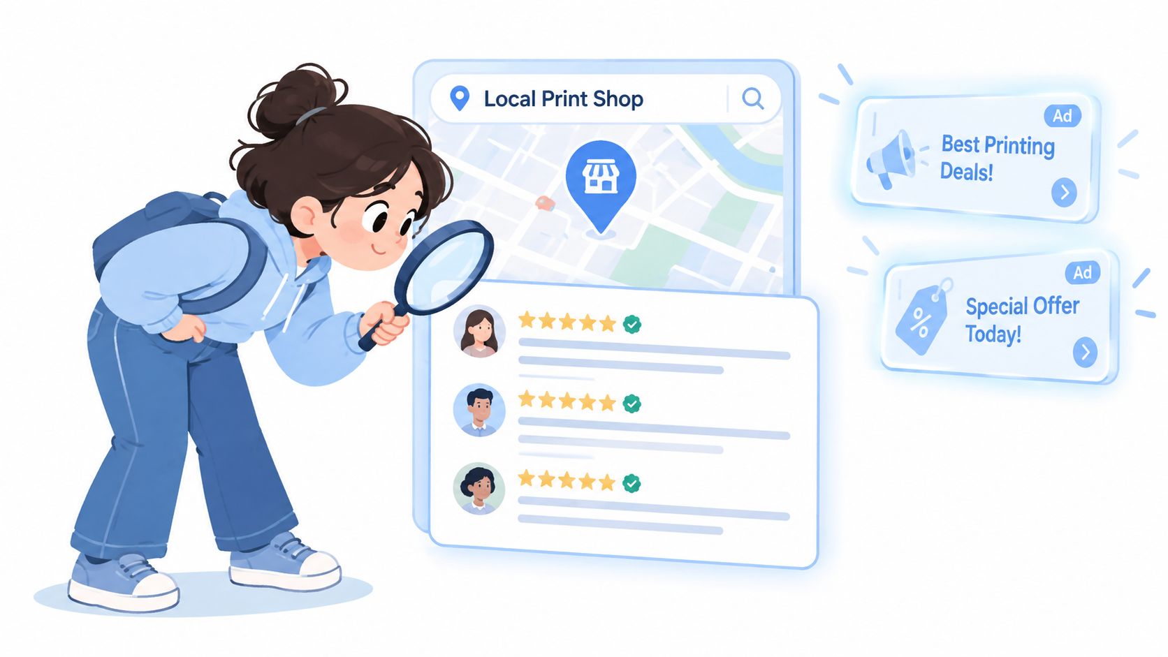 An illustration of a woman using a magnifying glass to check online reviews and local search results.
