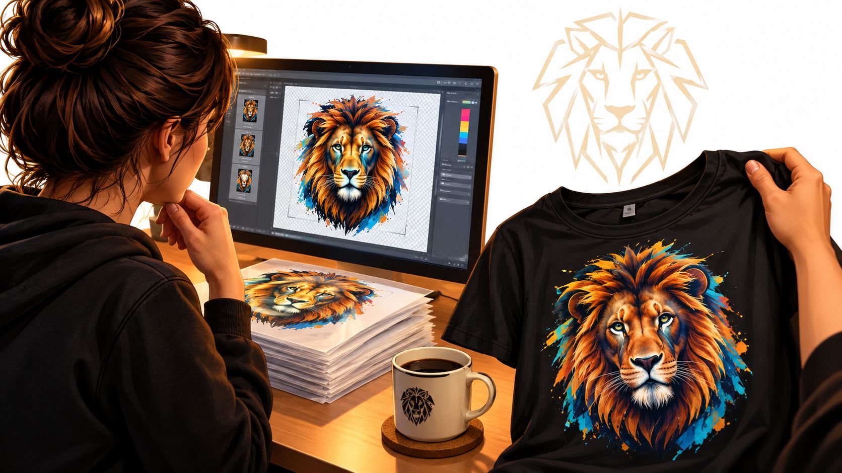 A woman designing colorful lion DTF transfers on her computer with a matching lion graphic on a shirt.