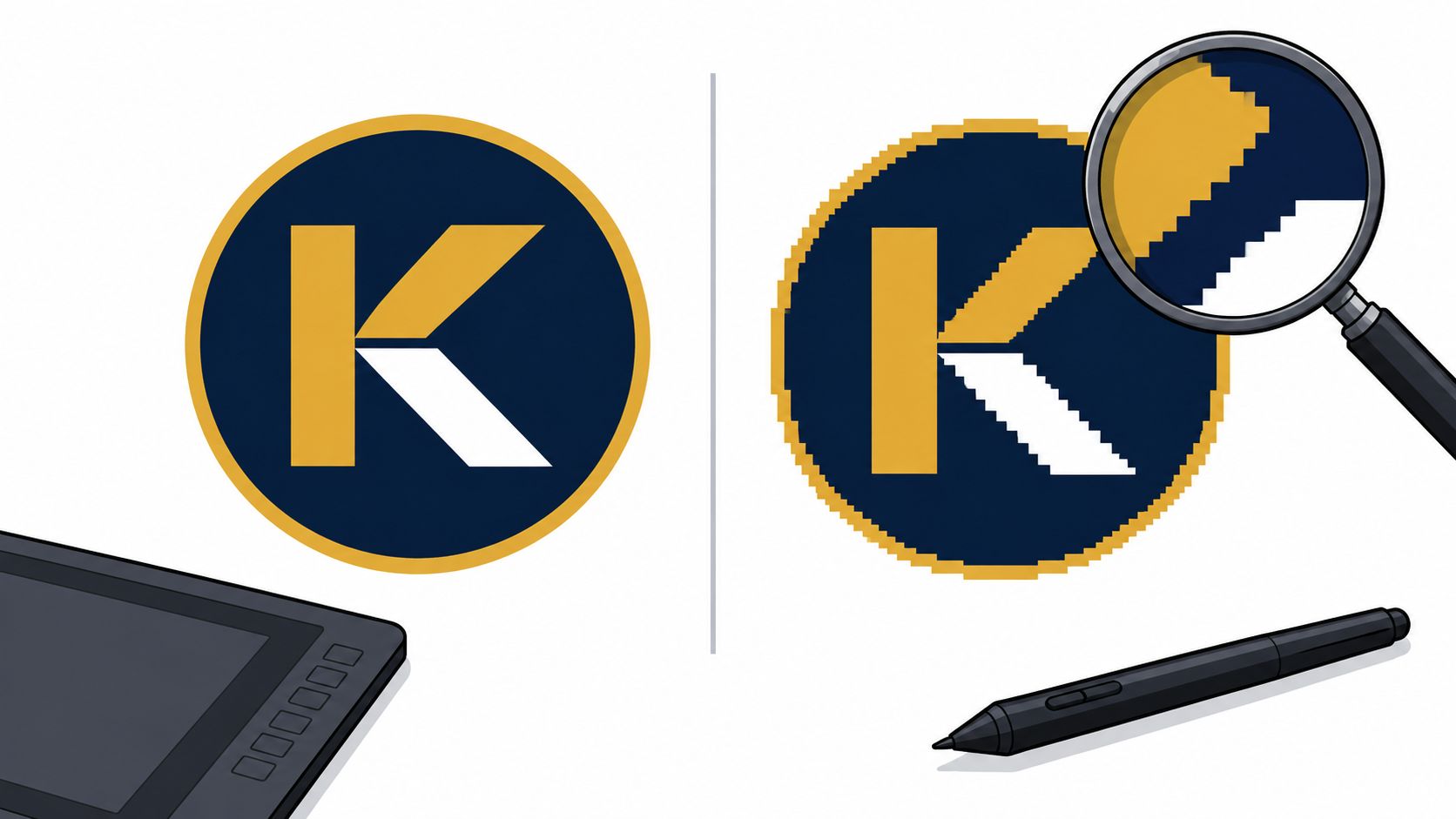 A split image showing a clean vector logo design compared to a pixelated version with a magnifying glass.