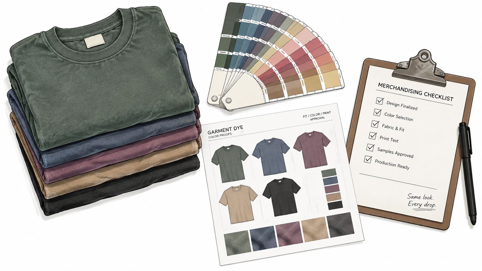 A stack of folded t-shirts, a color palette fan, and a checklist on a clipboard with a pen.