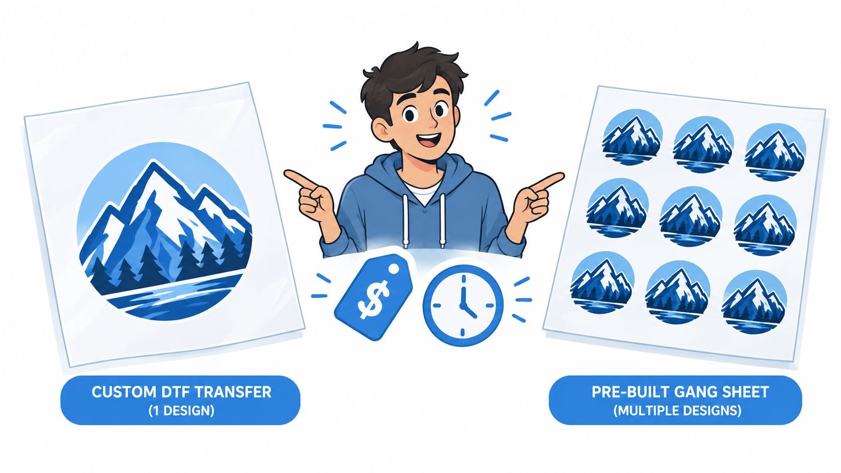 A character pointing between a single custom DTF transfer and a pre-built gang sheet with multiple designs.