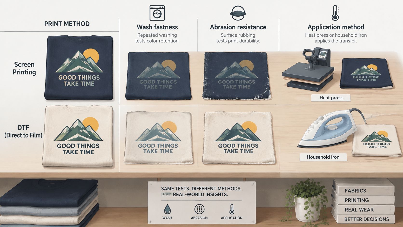 A comparison chart highlighting the differences between screen printing and DTF printing through durability and application tests.