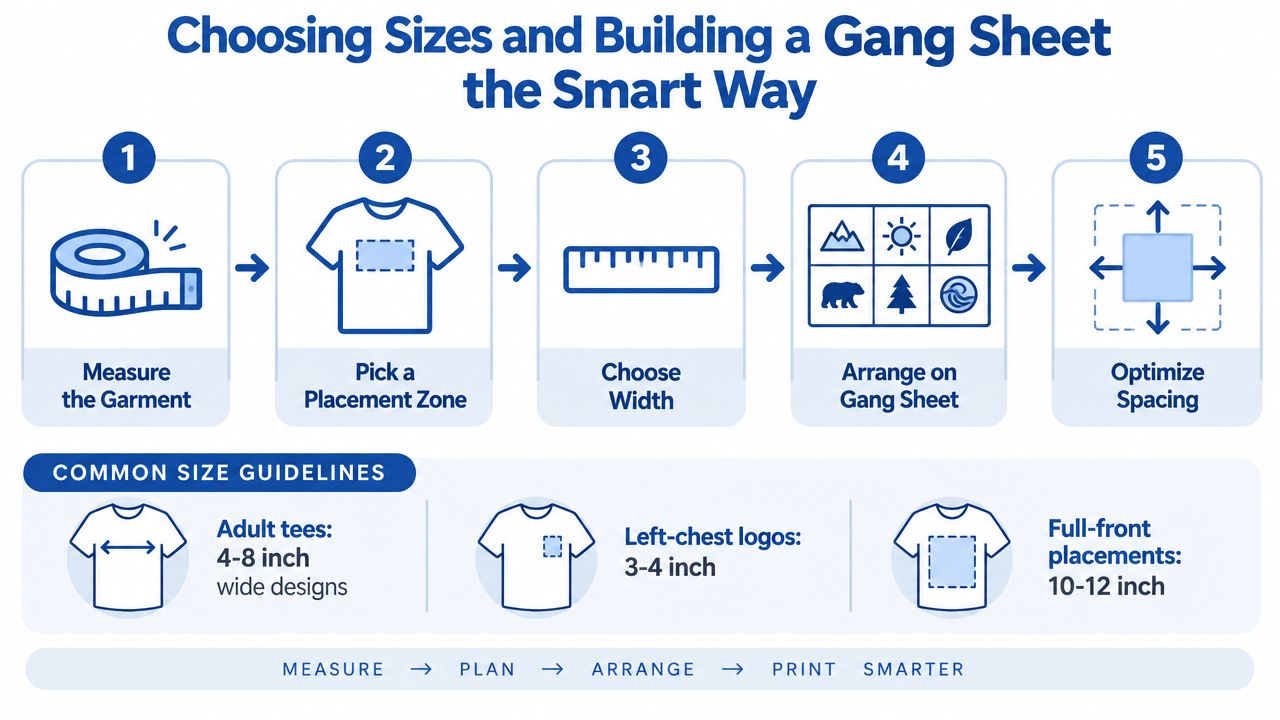 A five-step infographic guide on how to measure garments and optimize gang sheet designs for printing.