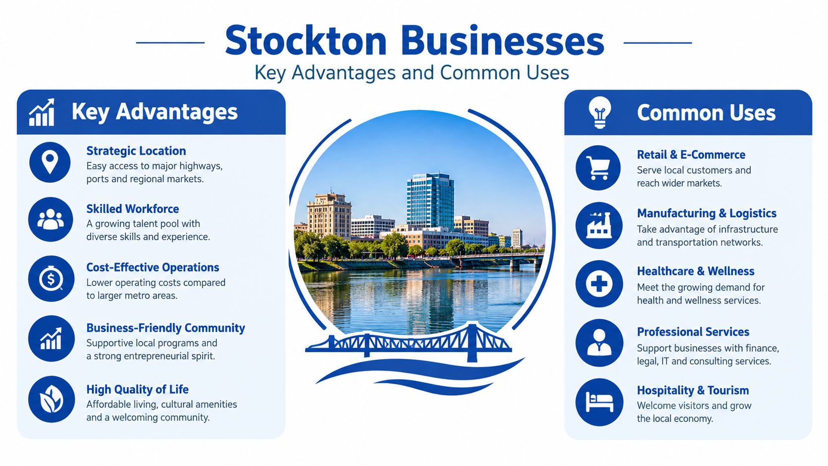 An infographic titled Stockton Businesses showcasing key advantages and common business uses in the city of Stockton.