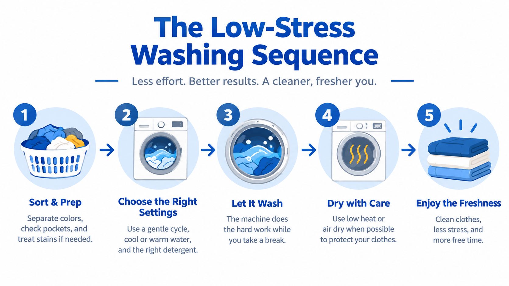 A five-step infographic showing how to properly wash and dry clothing for a low-stress laundry process.
