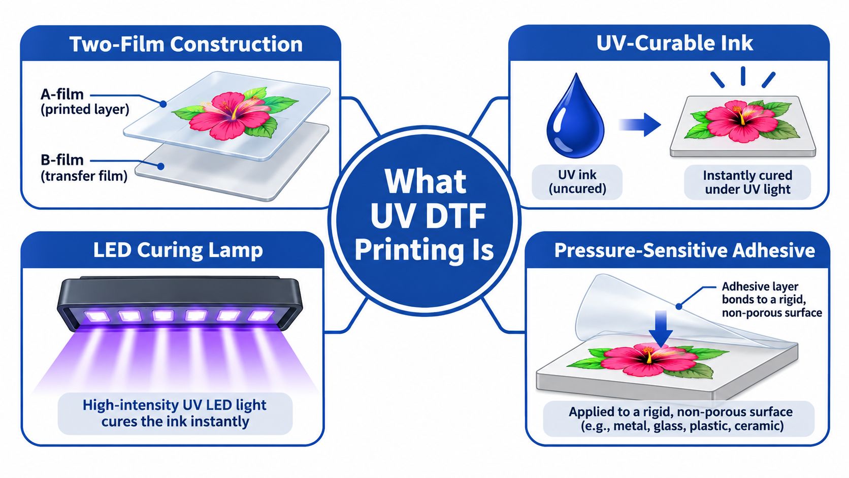 An educational infographic explaining the four key components and technology behind the UV DTF printing process.
