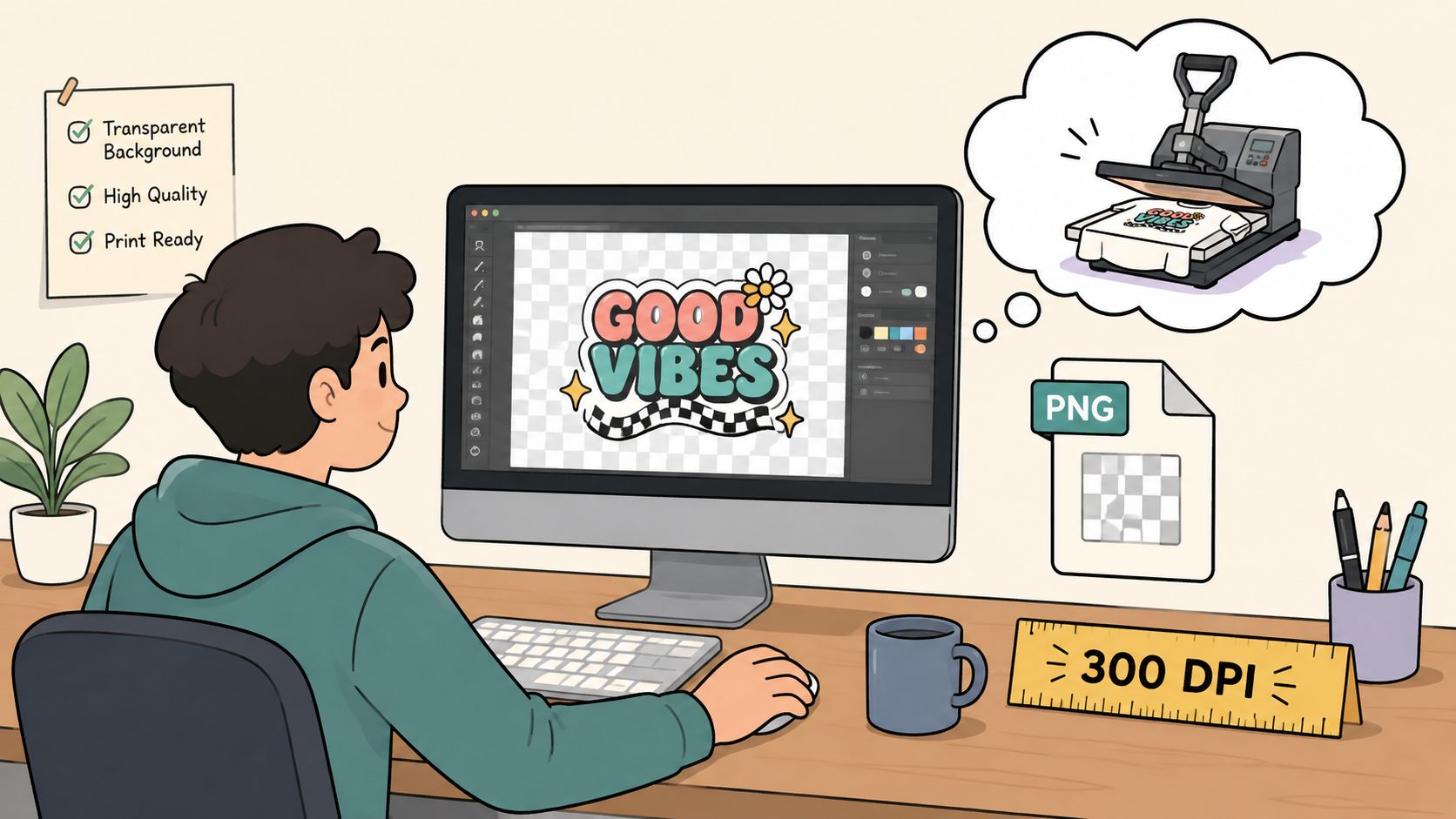 A young designer working on a custom shirt design on a computer for DTF printing.