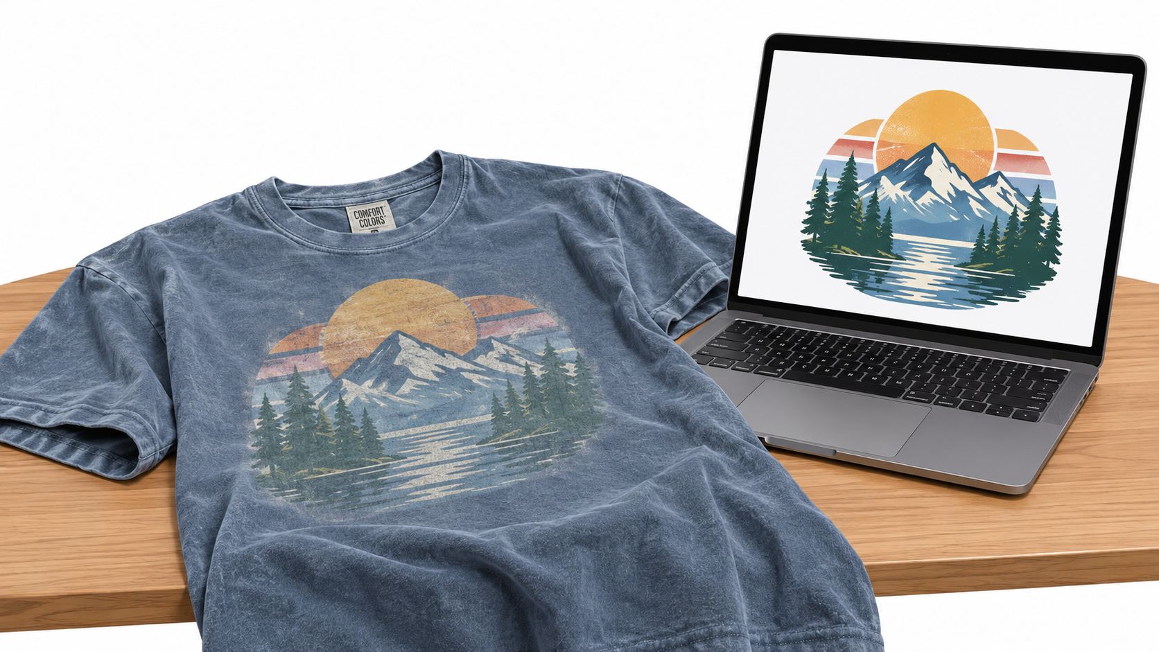 A Comfort Colors t-shirt featuring a mountain landscape graphic lying next to a laptop displaying the design.