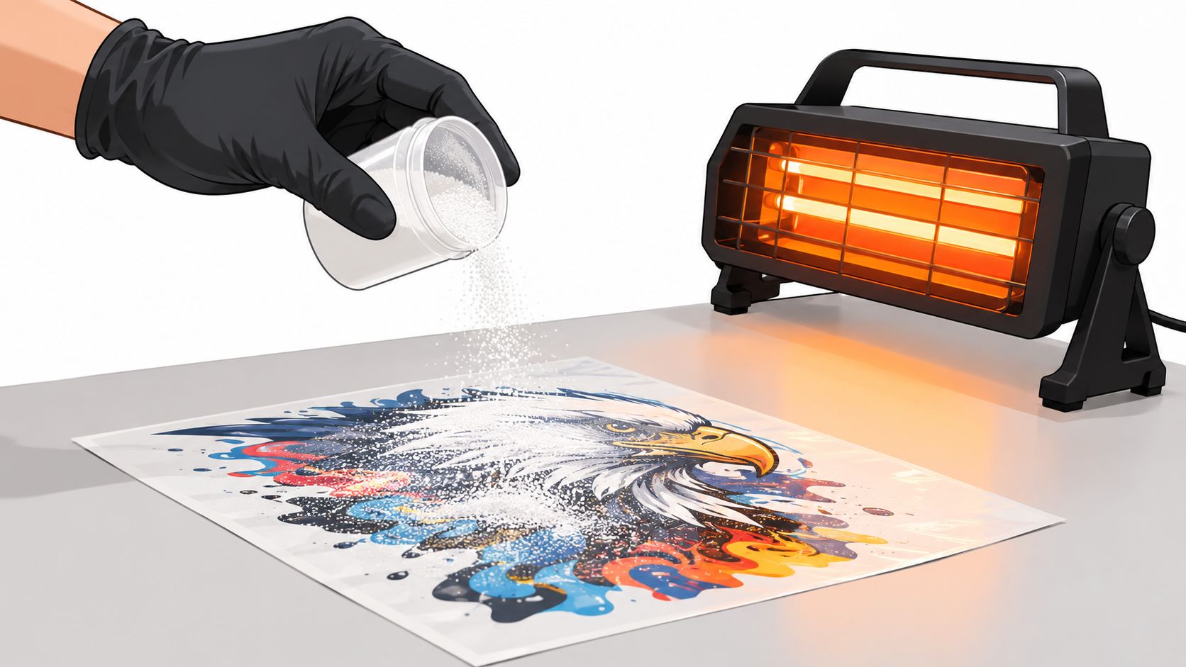 A hand wearing a black glove sprinkles DTF adhesive powder onto a printed eagle transfer sheet.
