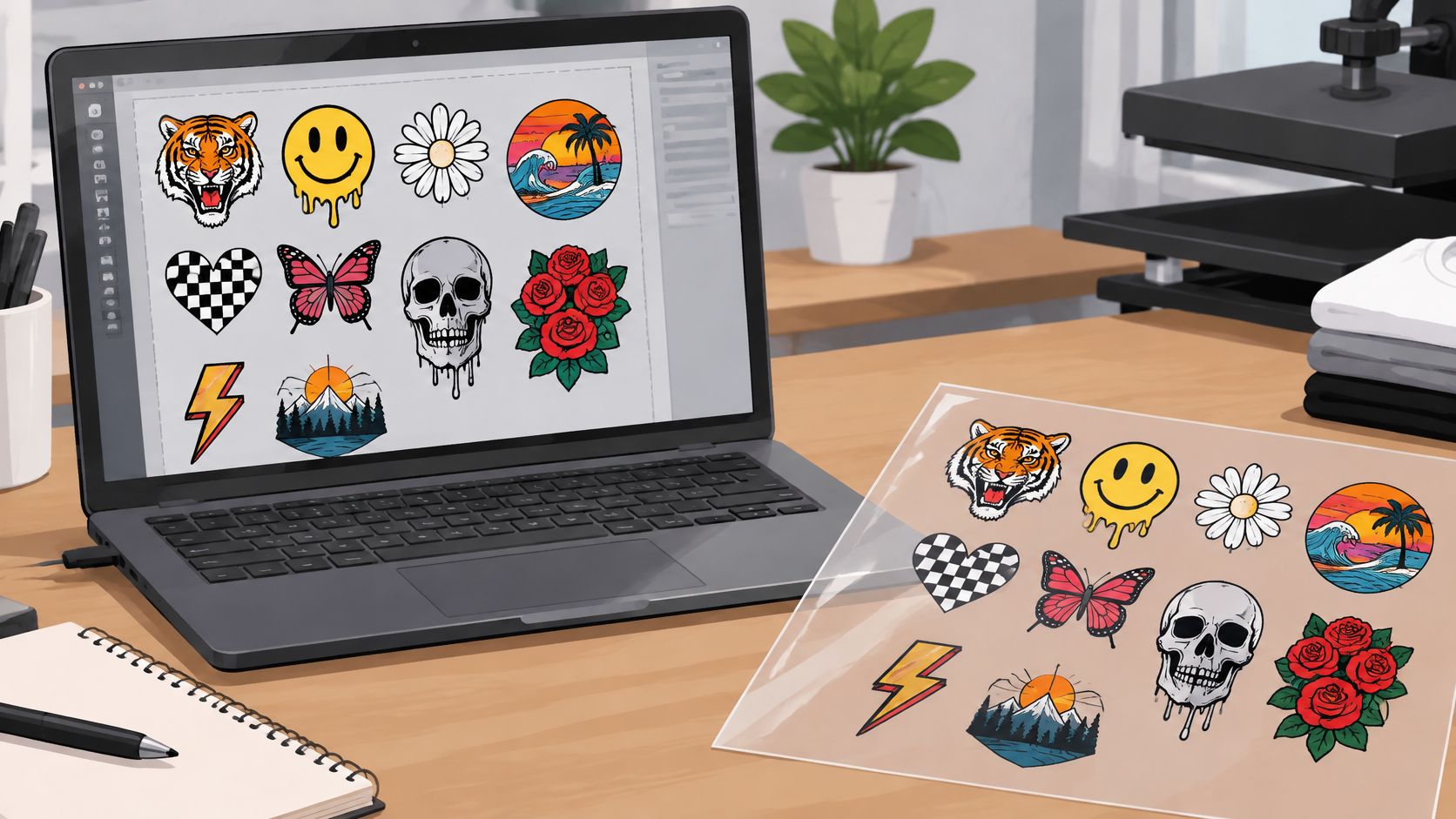 A laptop screen displaying digital sticker designs next to a sheet of printed adhesive transfer stickers.