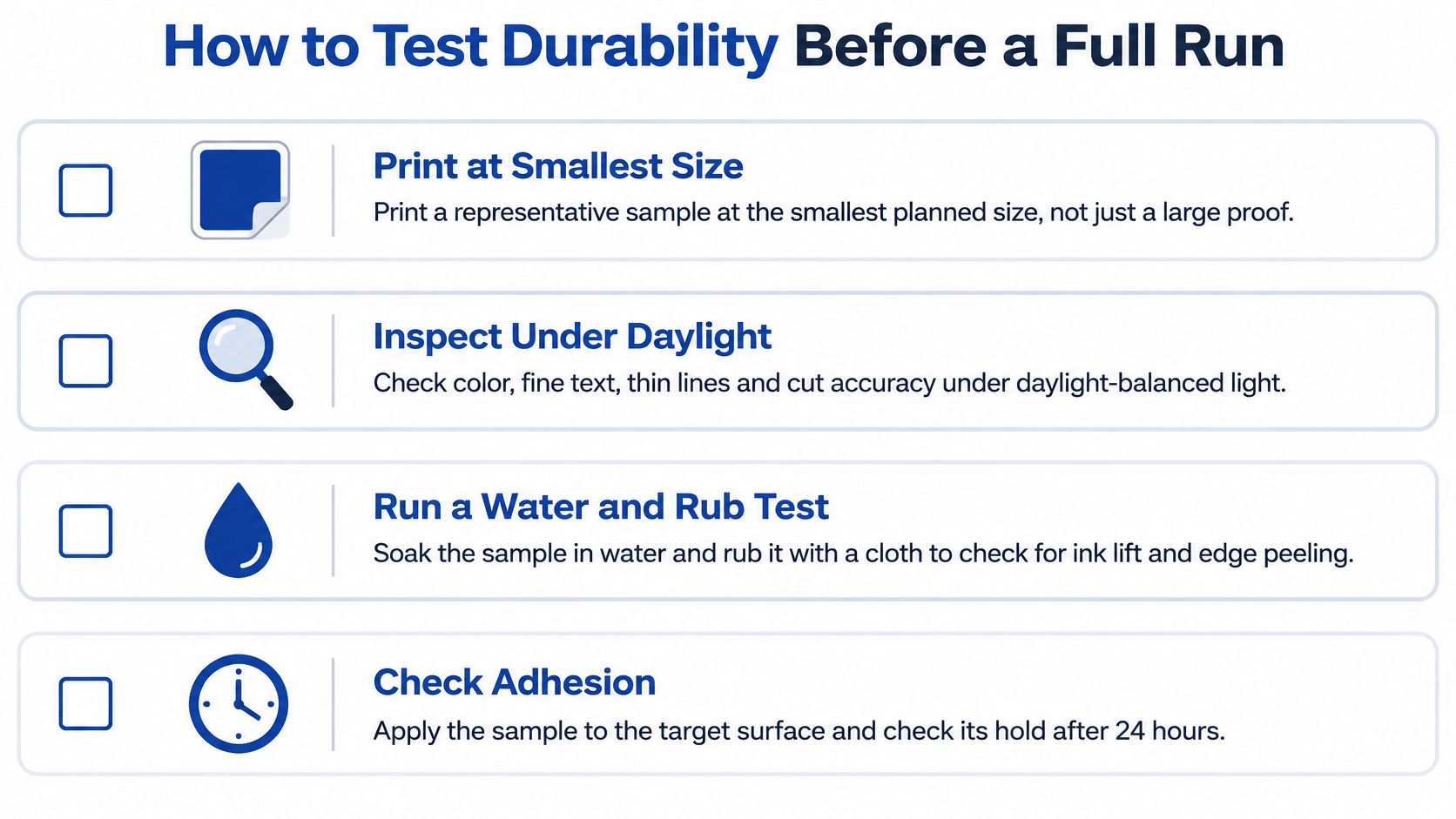 A checklist infographic illustrating four essential durability tests for custom printed stickers before production runs.