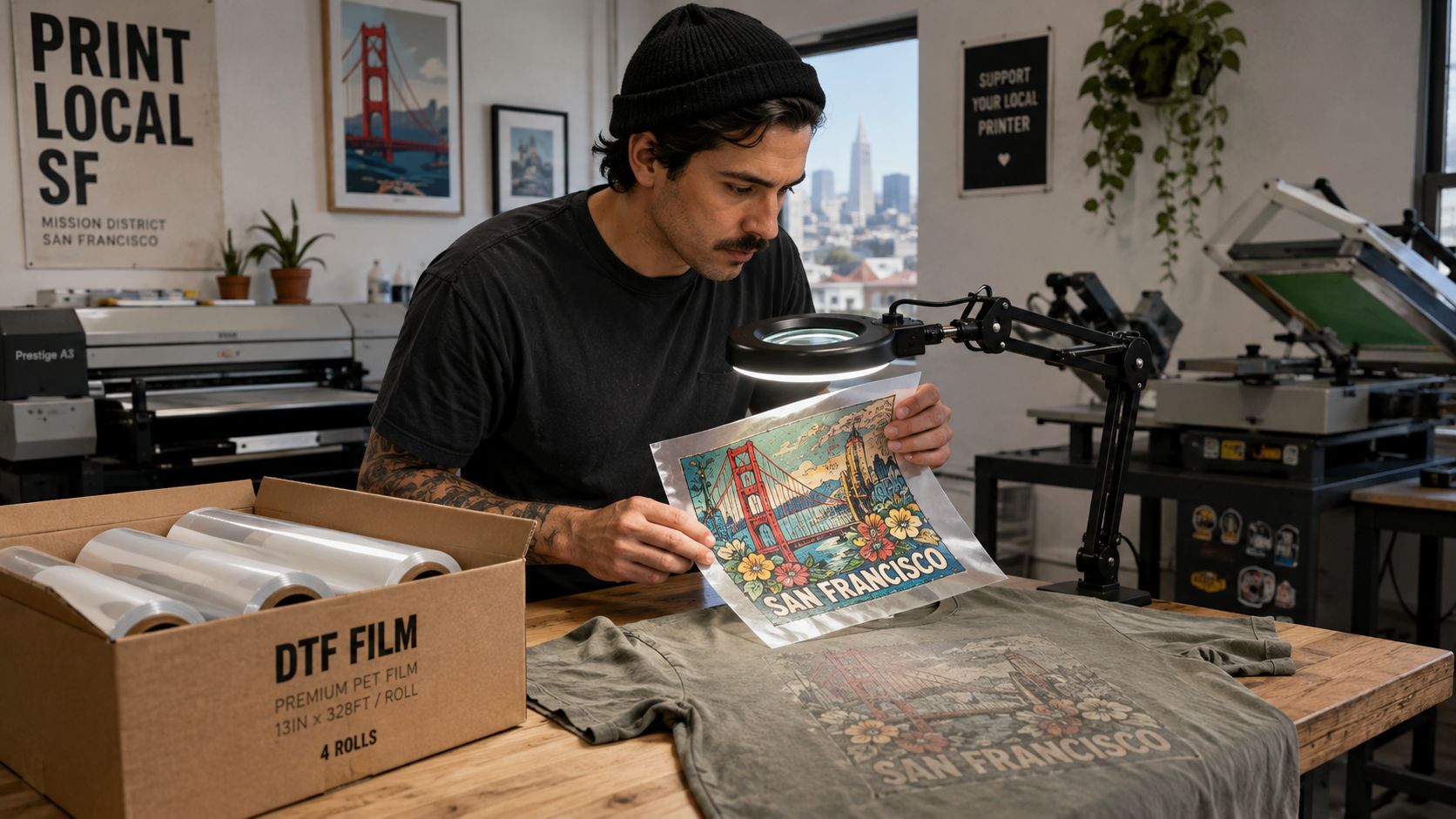 A professional printer carefully inspects a San Francisco themed DTF transfer film print in a workshop.