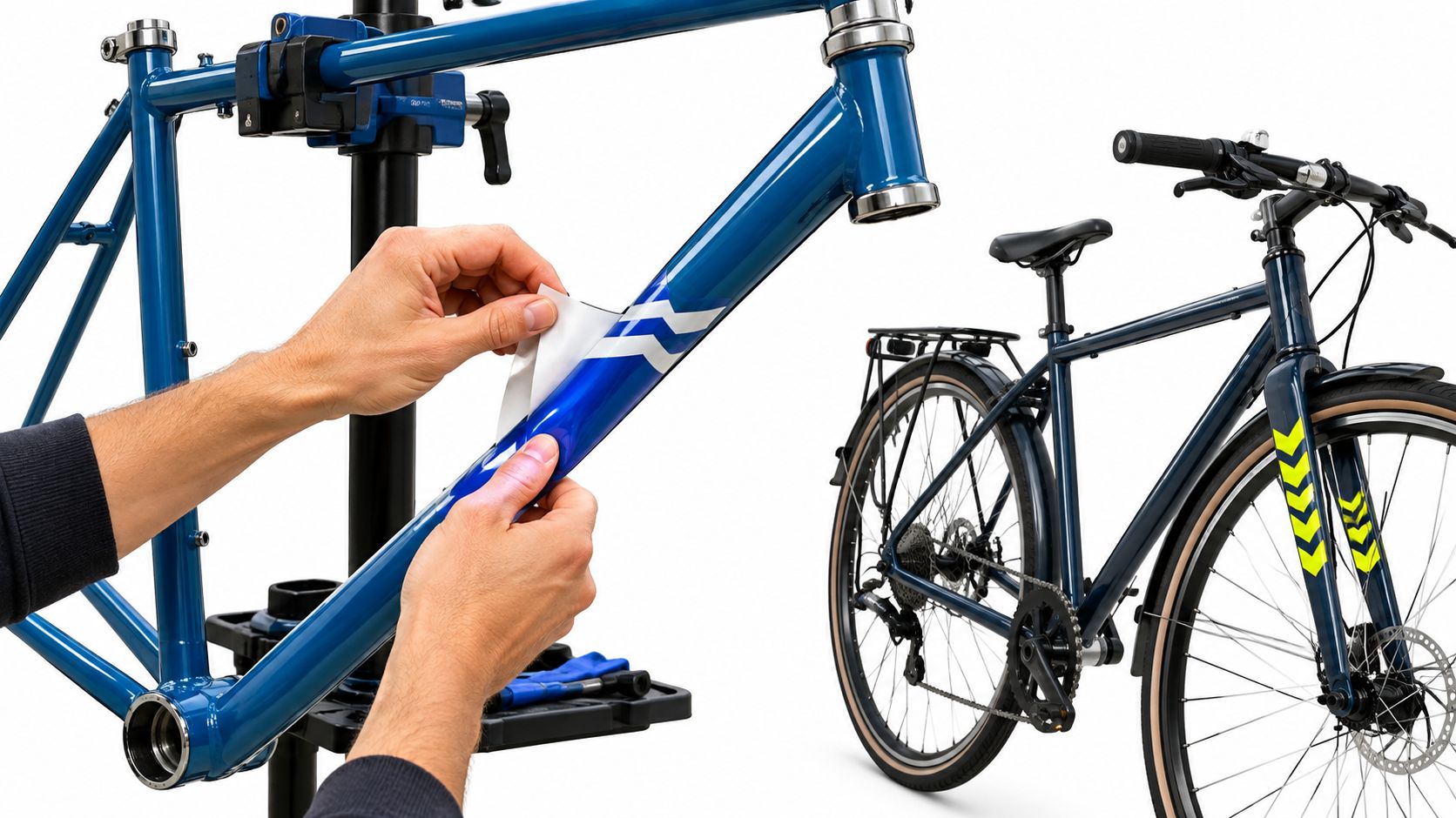 A pair of hands applying white reflective decals onto the blue frame of a bicycle