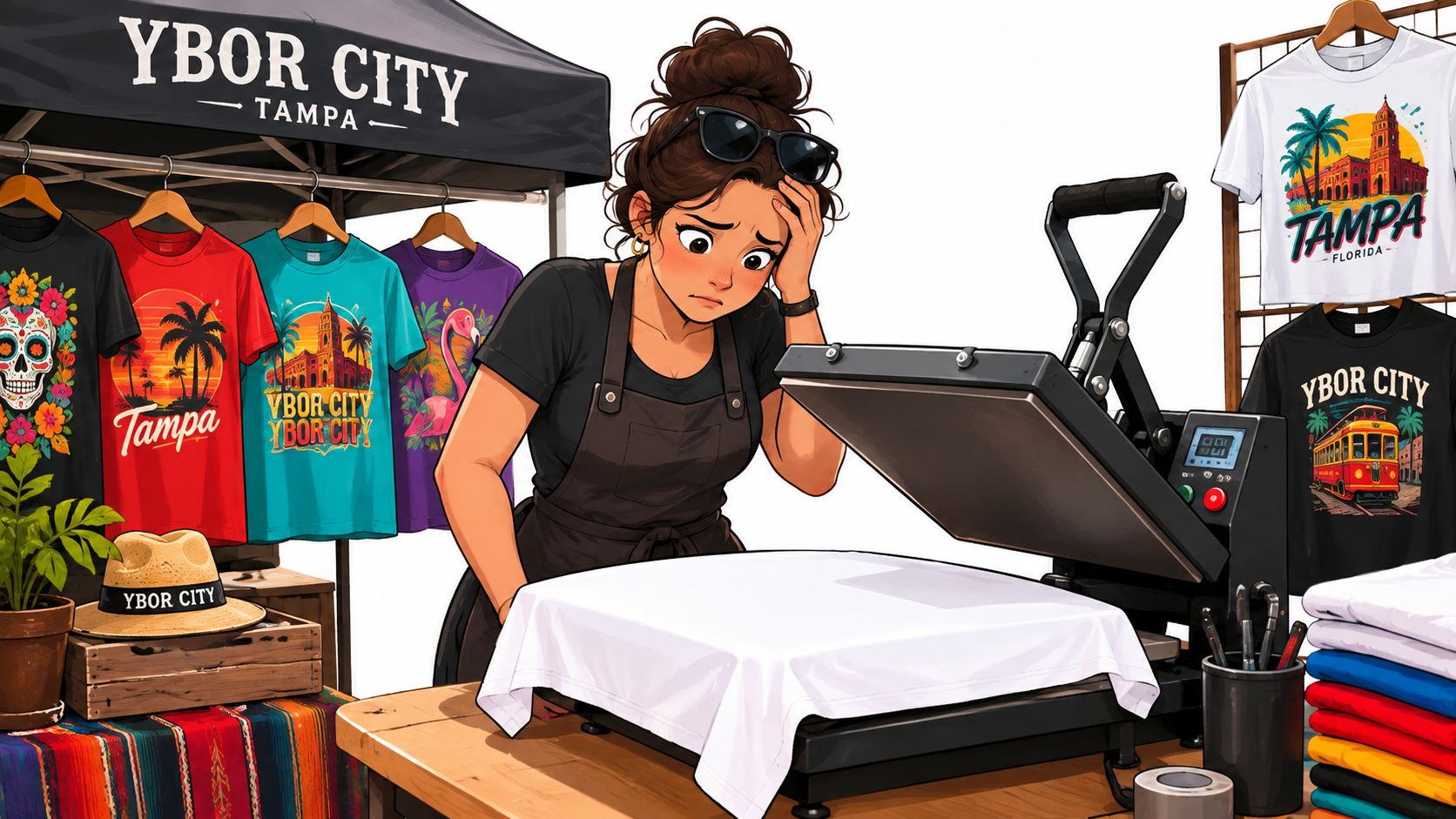 A concerned woman wearing an apron stands over a heat press machine preparing to print a t-shirt.