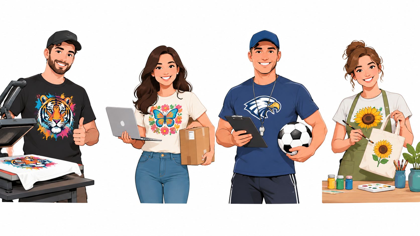 Four different creative professionals demonstrating their specialized skills in printing, shipping, coaching, and painting.
