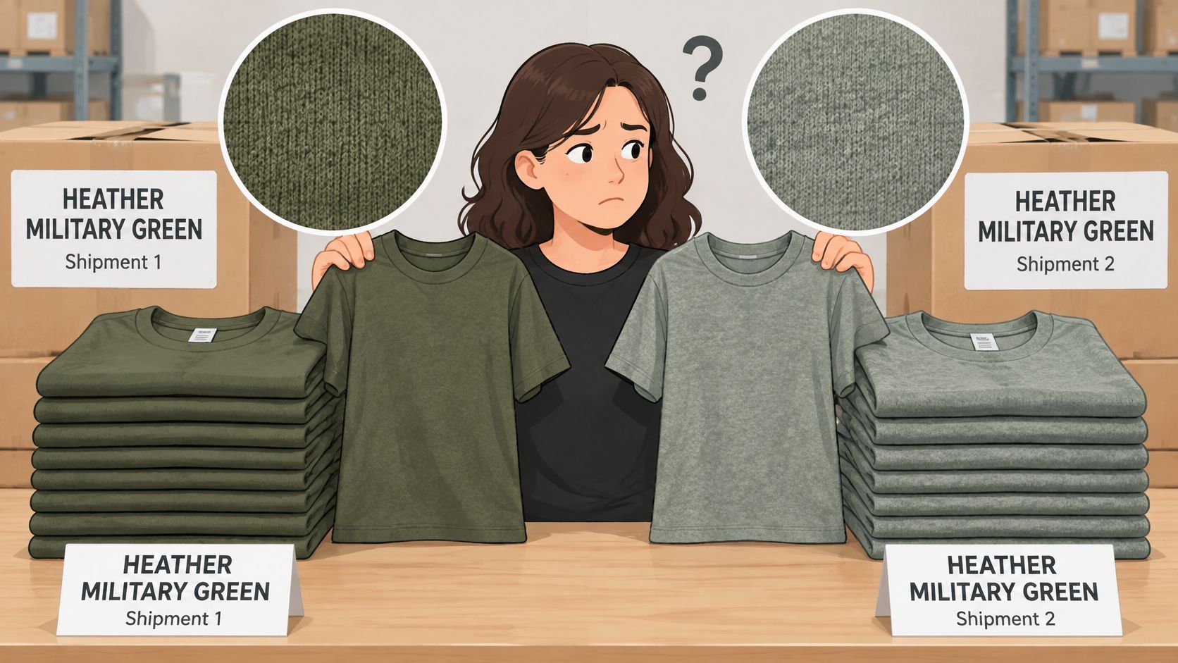 A confused person comparing two stacks of t-shirts labeled Heather Military Green that are different colors.